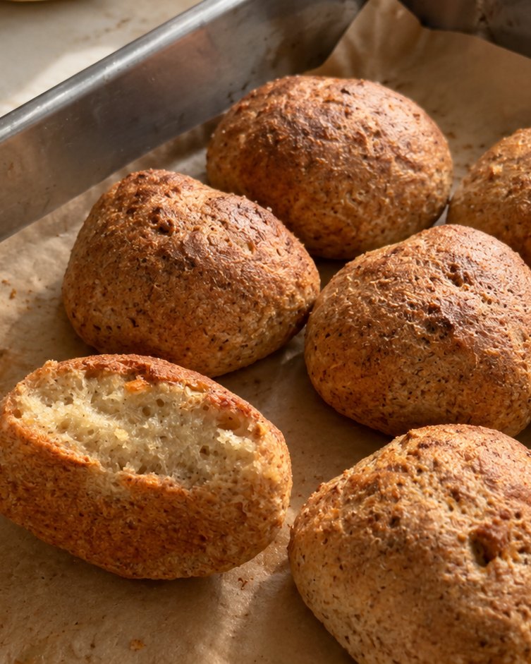 Pães de queijo assados no tabuleiro, um partido ao meio a mostrar o miolo