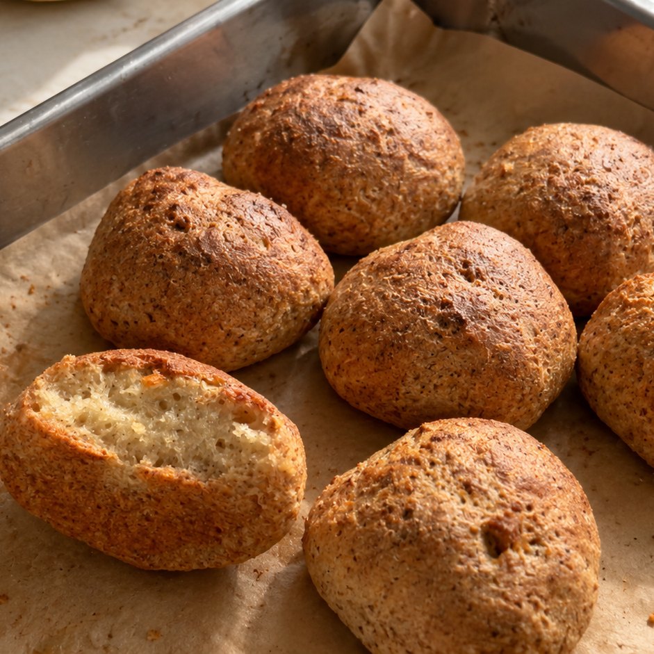Pão de queijo partido ao meio sobre papel vegetal, com o miolo à vista