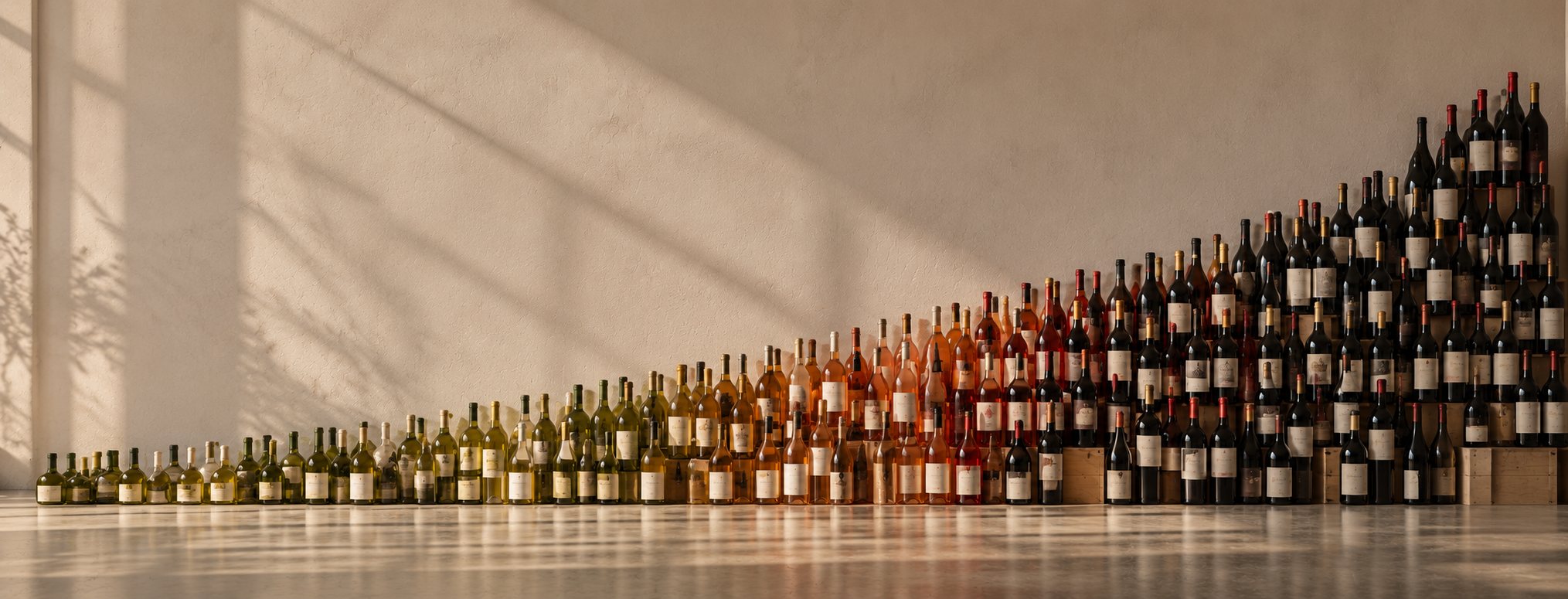 Garrafas de vinho alinhadas contra uma parede, dos brancos aos tintos, em fila crescente